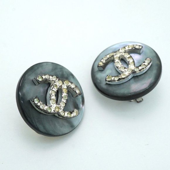 Chanel Earrings Coco Mark Circle Metal Rhinestone Silver Grey Ladies - Picture 2 of 9